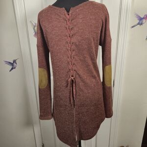 ETWO Mauve Lace-Up Back Tunic Sweater S Boho Cottagecore Corset Detail